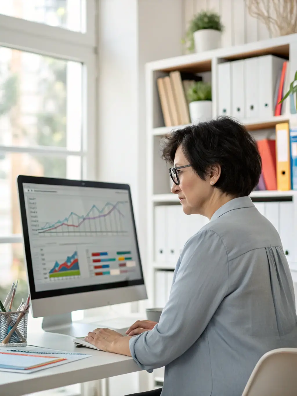 A person efficiently managing multiple tasks on a computer, showcasing the streamlined workflow enabled by productivity suites.