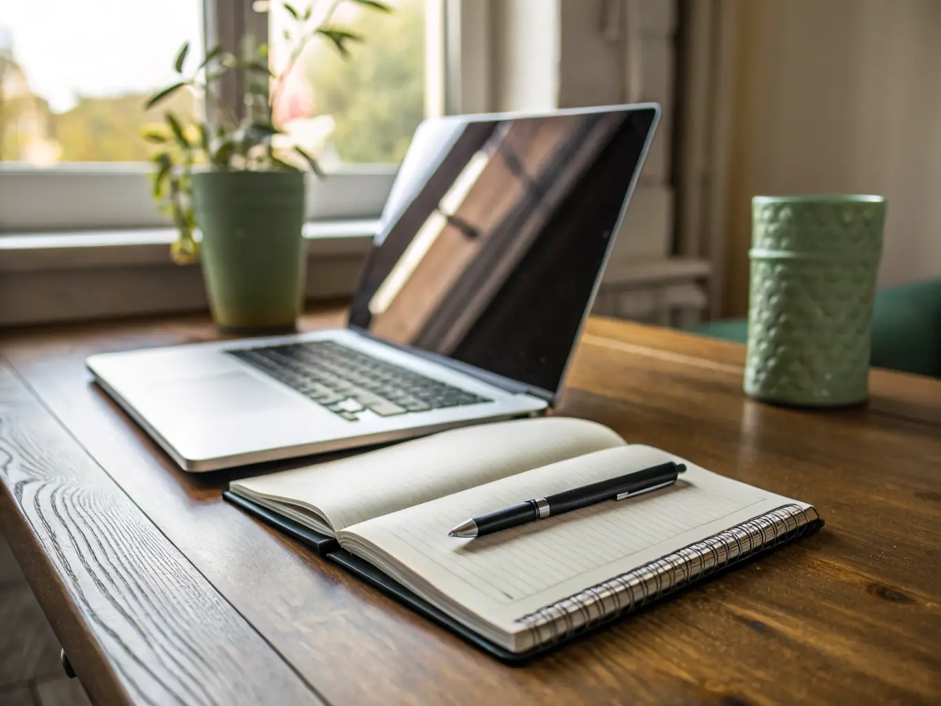 A professional workspace featuring a laptop displaying the Microsoft Office suite interface, surrounded by office supplies and a cup of coffee, symbolizing productivity and efficiency.