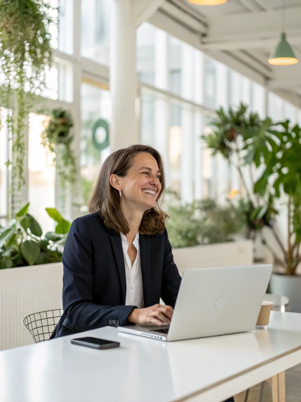 A professional headshot of a smiling freelancer using an AI-powered writing tool on their laptop in a modern co-working space, emphasizing the tool's ease of use and time-saving benefits.
