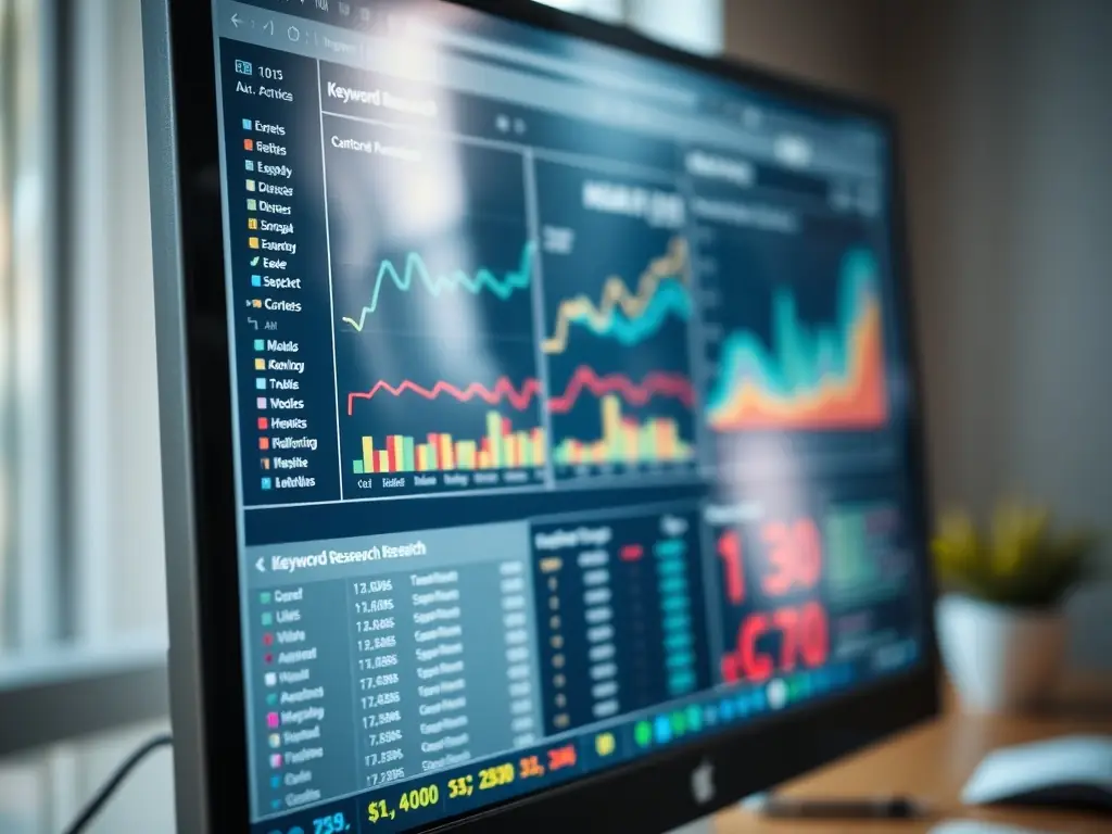 A detailed close-up shot of the SEMrush interface, highlighting its keyword research tools and analytics dashboards, set against a backdrop of data charts and graphs.