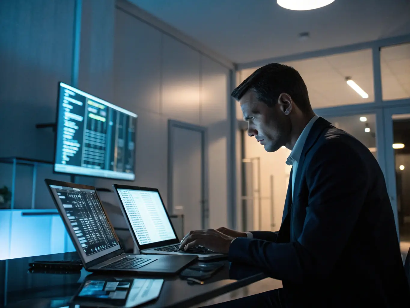 A vibrant image showcasing a person working efficiently at a desk with multiple monitors, representing increased productivity with Biz Builder Tools.