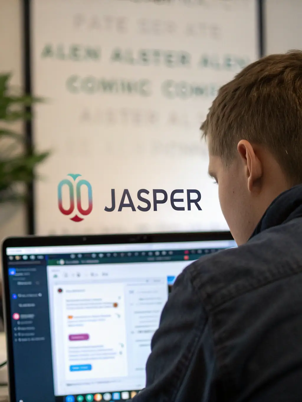 A detailed image of Jasper AI's interface, showcasing its content generation capabilities with various templates and settings visible, used in a review context on Biz Builder Tools.