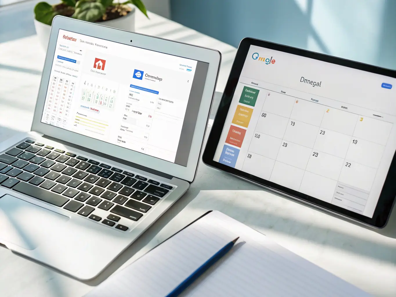 A clean and modern interface of Google Workspace on a tablet, showcasing its collaborative features with multiple users editing a document simultaneously.