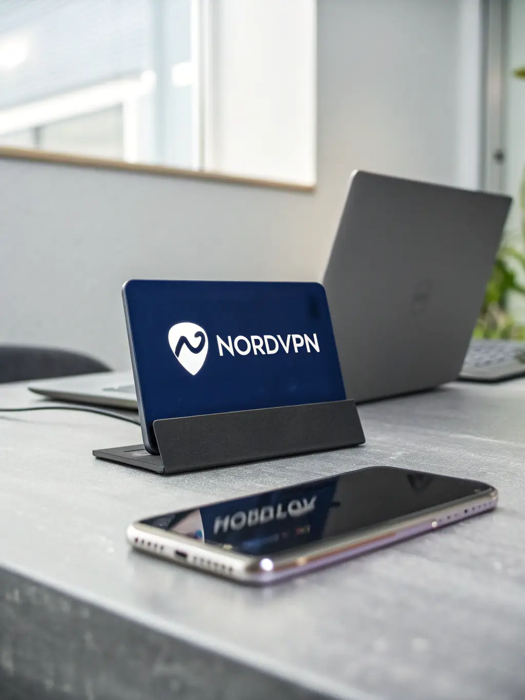 A close-up shot of the NordVPN logo on a laptop screen, emphasizing its user-friendly interface, set in a modern office environment.